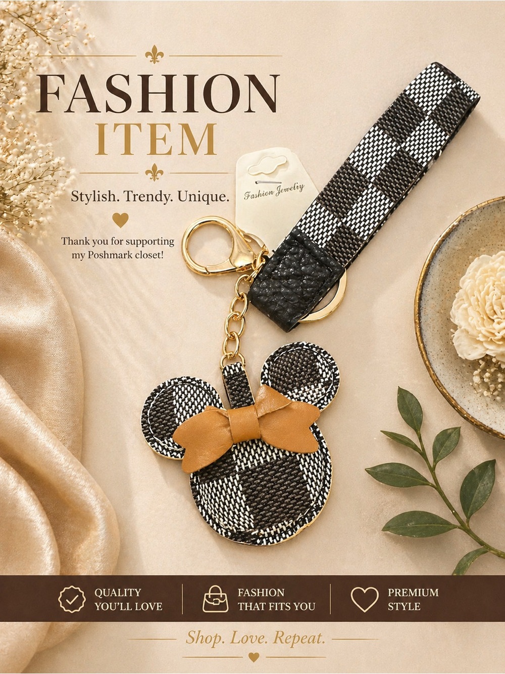 🔥🔥FASHION ITEM🔥🔥Stylish Plaid Minnie Mouse Keychain  with Blue and Tan Bow